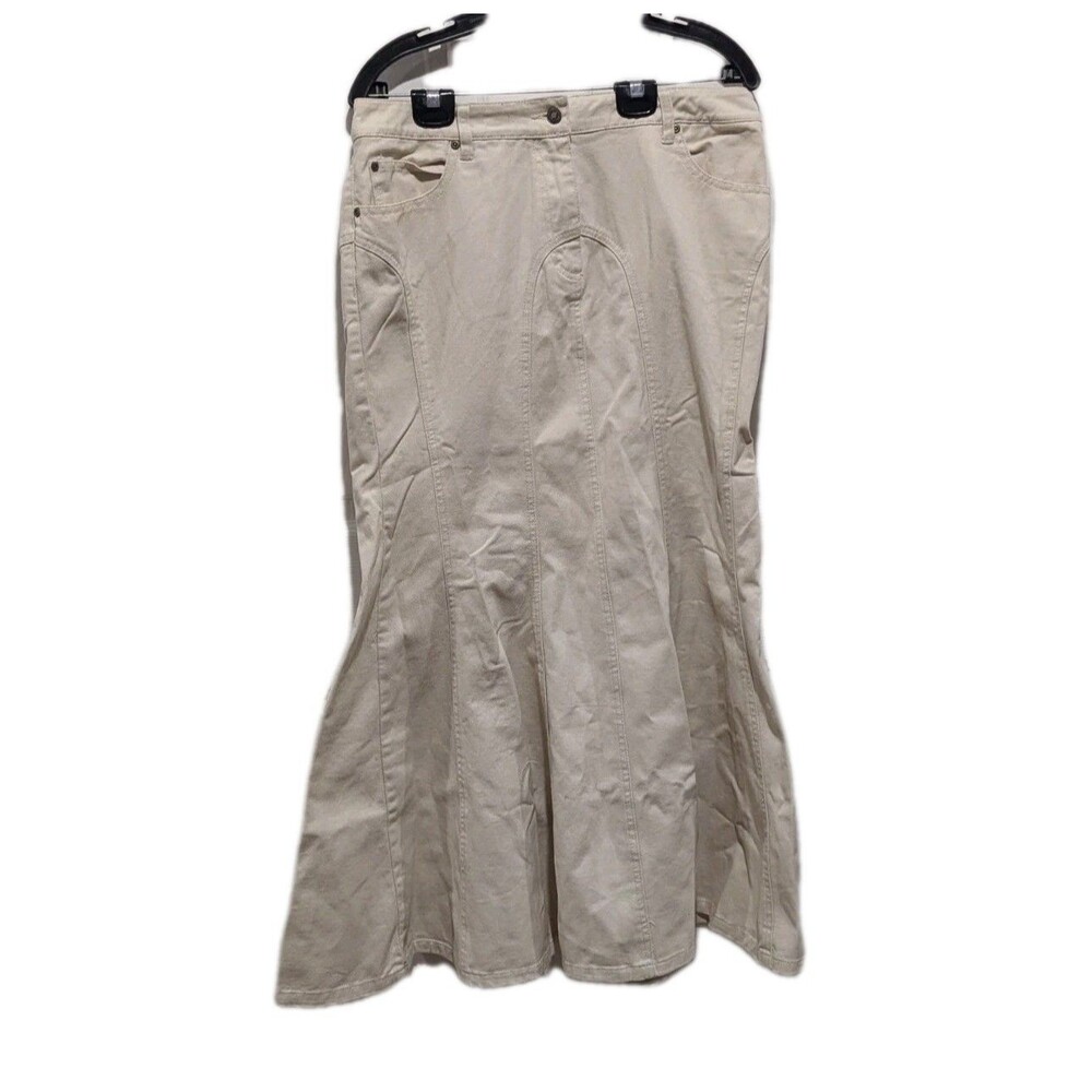 Vintage Y2K Cream Mermaid Maxi Jean Skirt Jeanology Size 12 Utility Paneled Boho